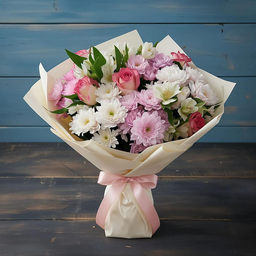 Букет цветов из: Хризантемы, Альстромерии и Розы в Сытьково